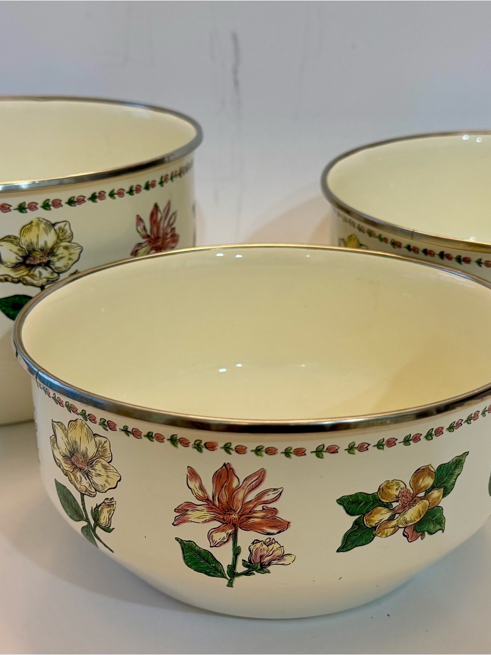 VTG Tabletops Unlimited Botanical Gardens Enamel Nesting Mixing Bowls Set of 3